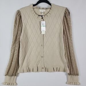 NEW Rio & Rian Scoop Neck Long Sleeve Gold Mesh Lutex Button Up Cardigan Sz L